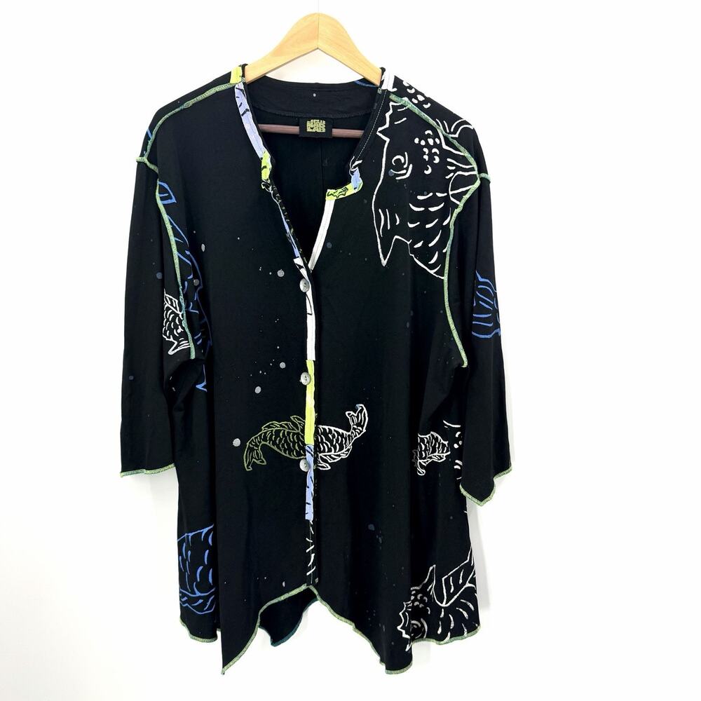JG's Mad Lab Art to Wear Black Fish Print Slinky Knit Tunic Womens XL